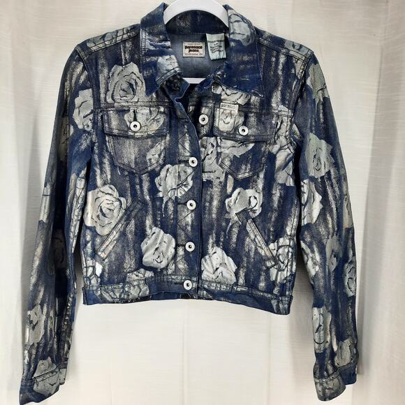 Vintage Parasuco Jeans Y2K Denim‎ Jean Jacket Metallic Silver Roses Size Small - Picture 2 of 12